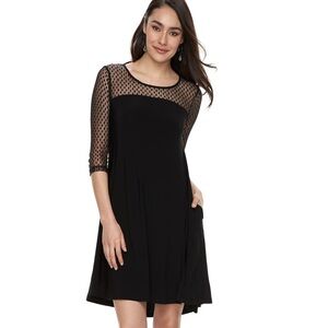 Nina Leonard Mesh Yoke Trapeze Black Dress - Size: Medium